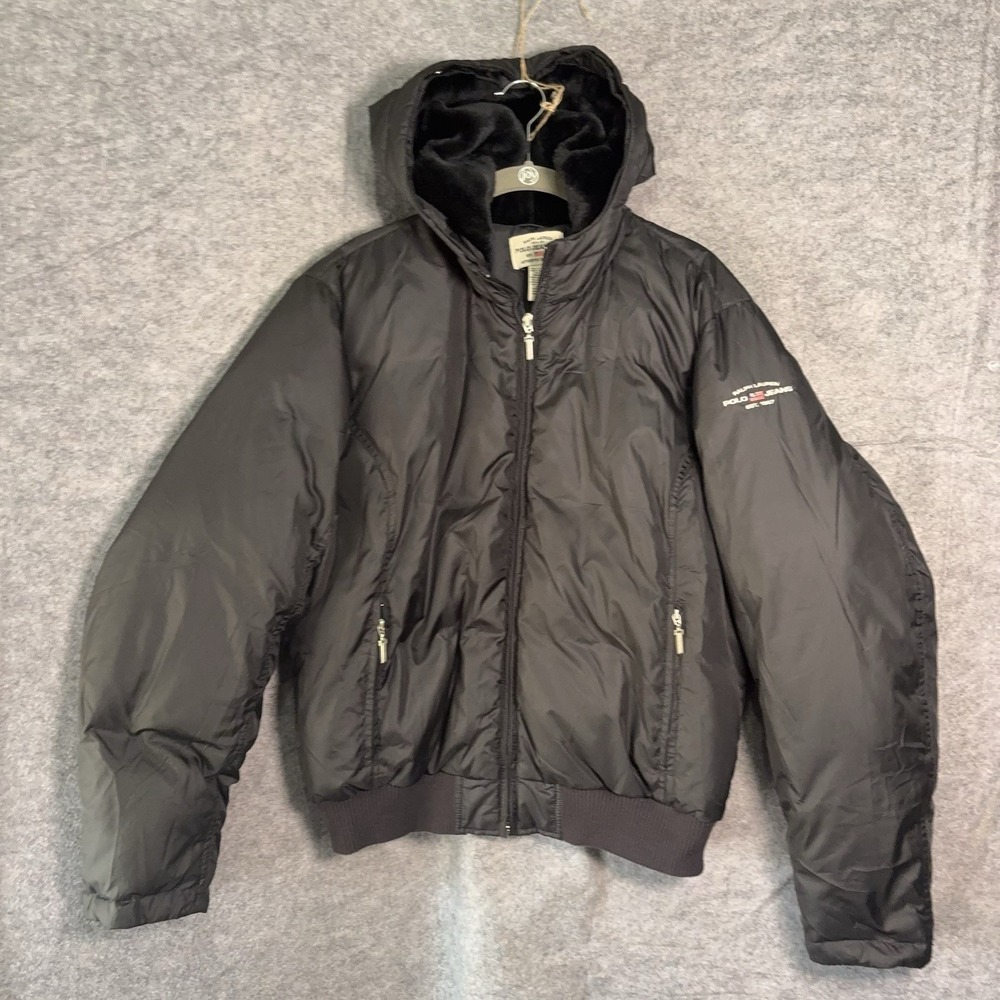 Ralph Lauren Polo Jeans Co Puffer Bomber Jacket Womens Sz L Black Down Fill